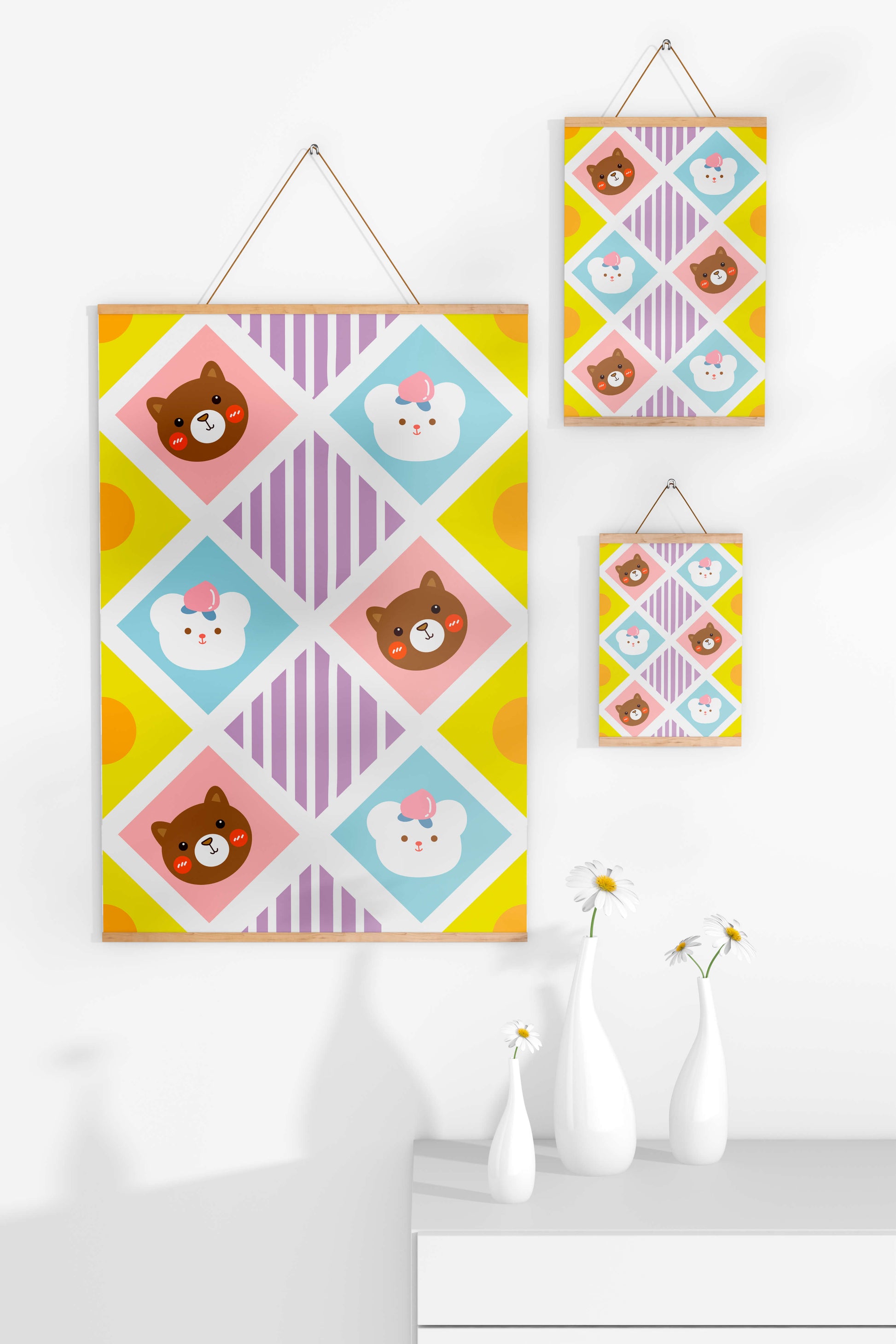 Playful geometric bear and colorful pattern for children's room decor