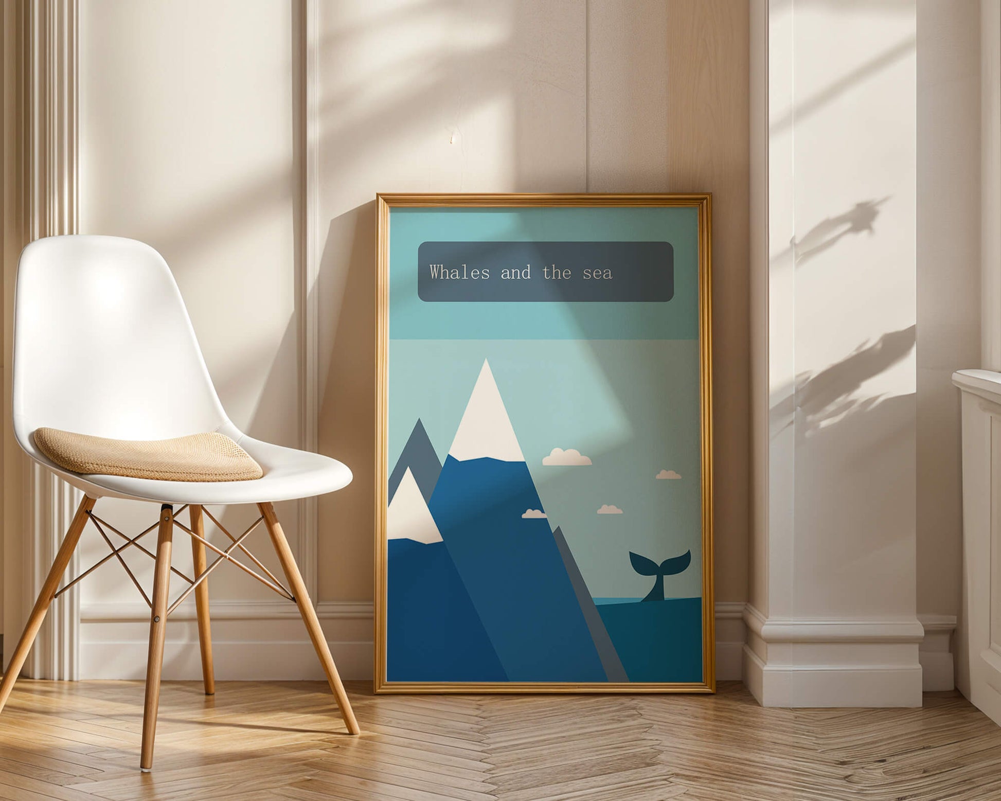 Whale and mountain illustration with sea and sky background