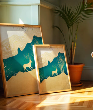 Elegante abstrakte Kunst mit goldenem Hirsch und Naturthema