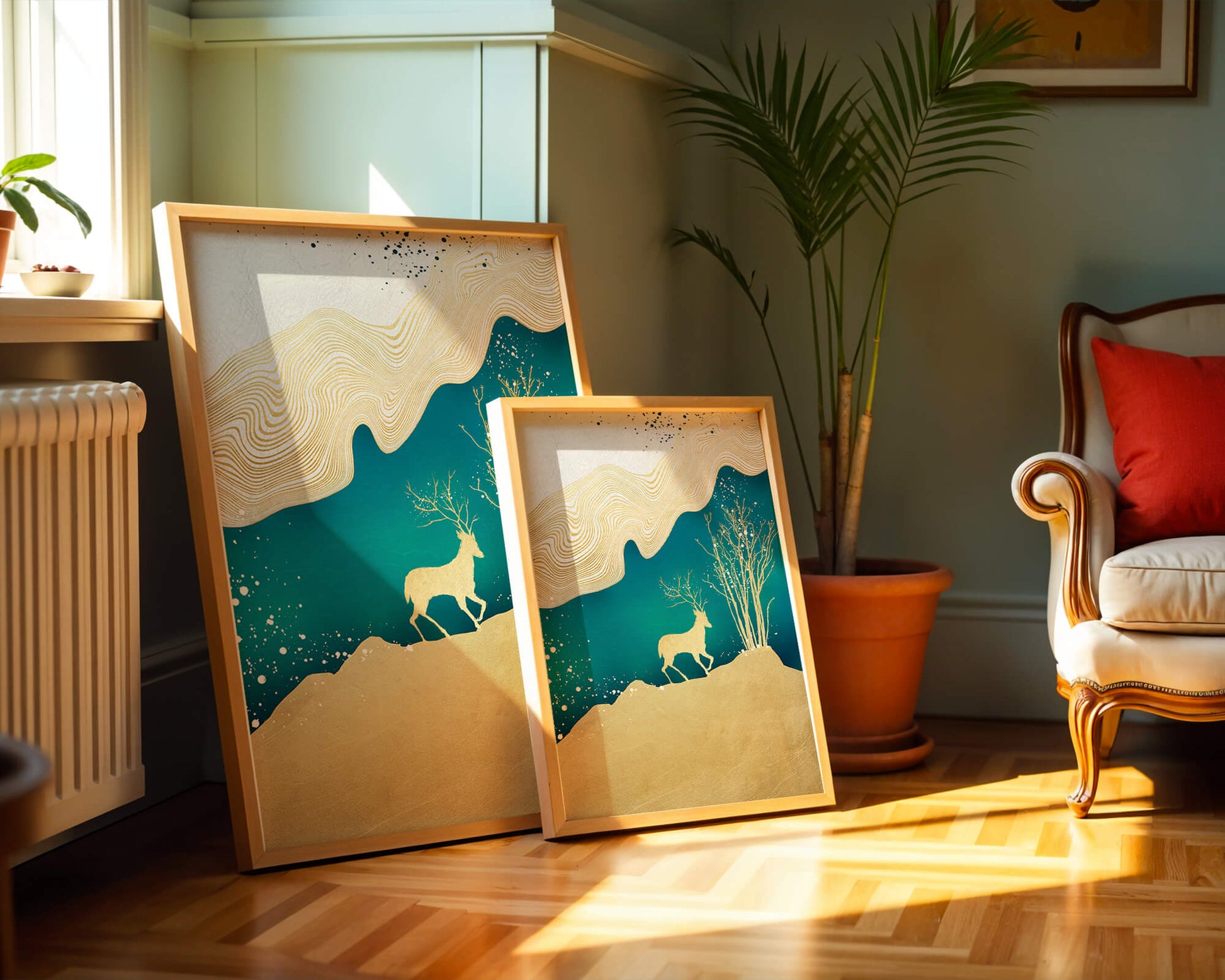 Elegante arte abstracto con ciervos dorados y temática de naturaleza.