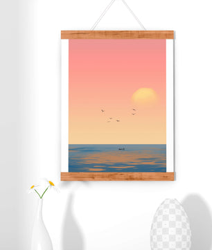 Amanecer Sereno sobre el Océano con un Barco Solitario y Pájaros en Vuelo