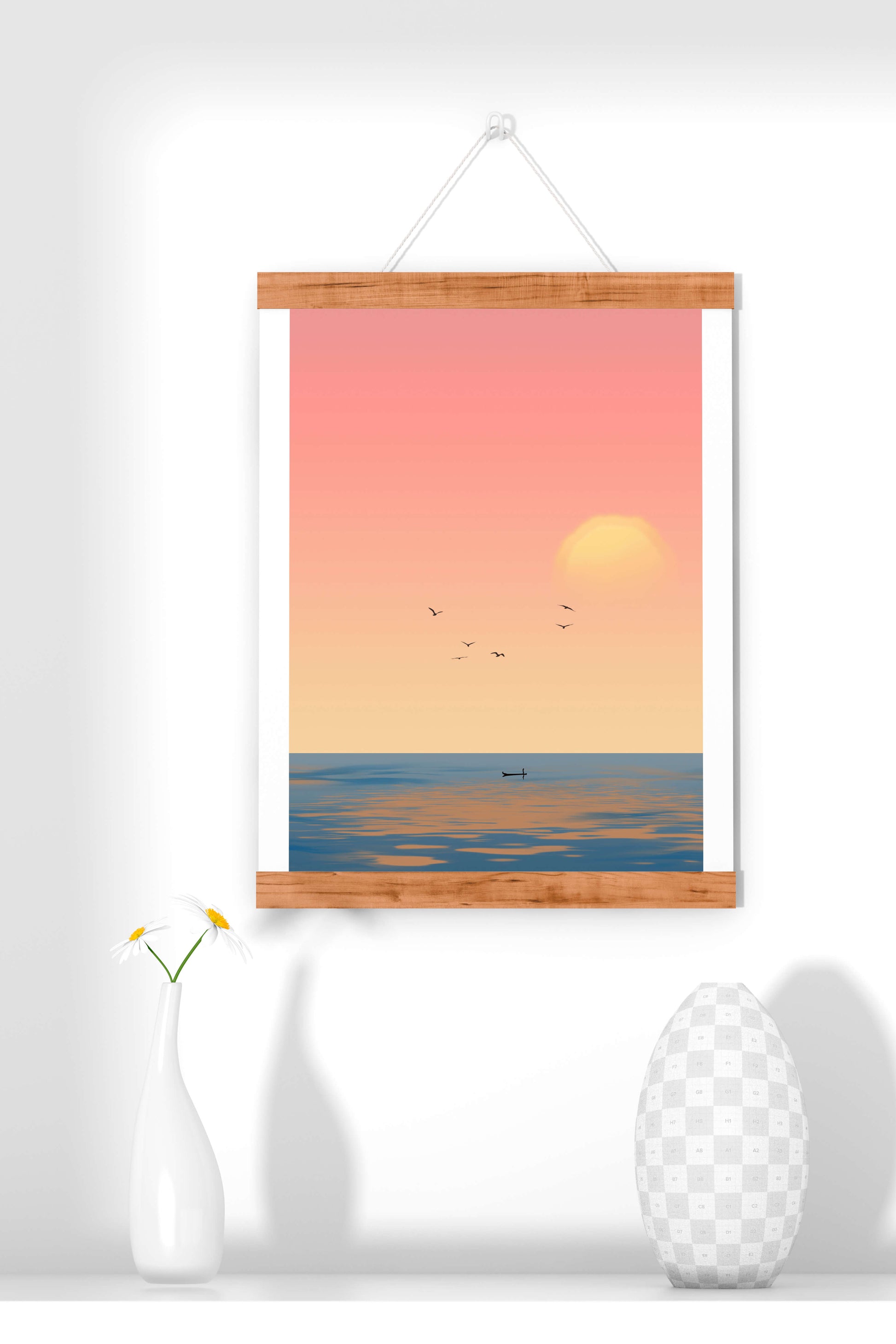 Amanecer sereno sobre el océano con un barco solitario y pájaros en vuelo