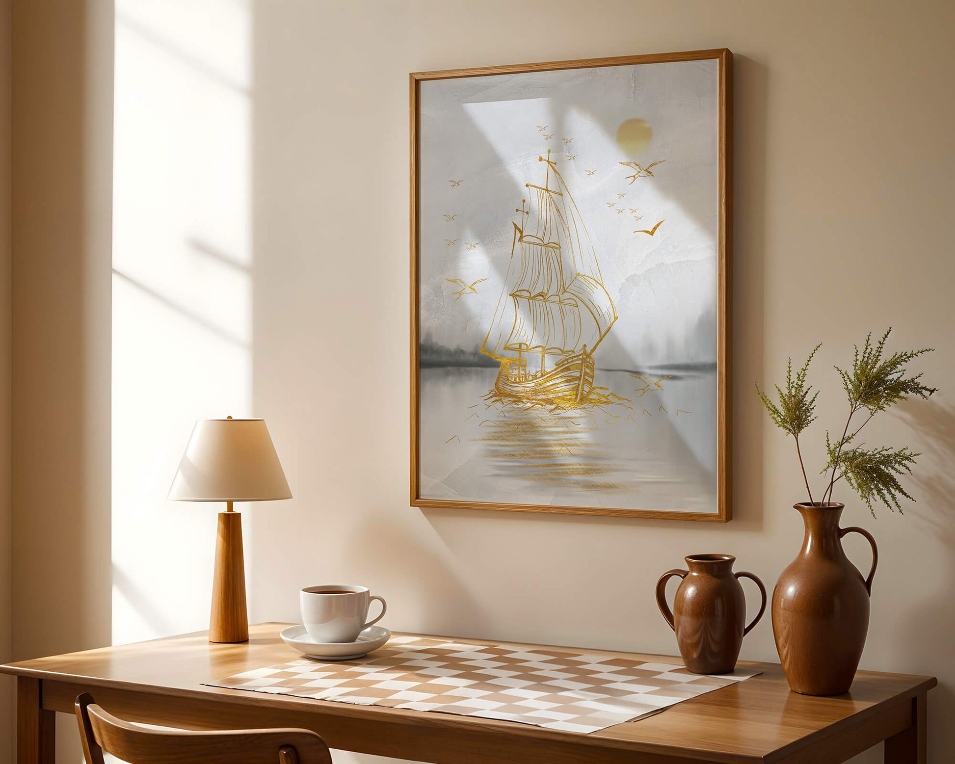 Serene nautical scene with golden sailboat at sea