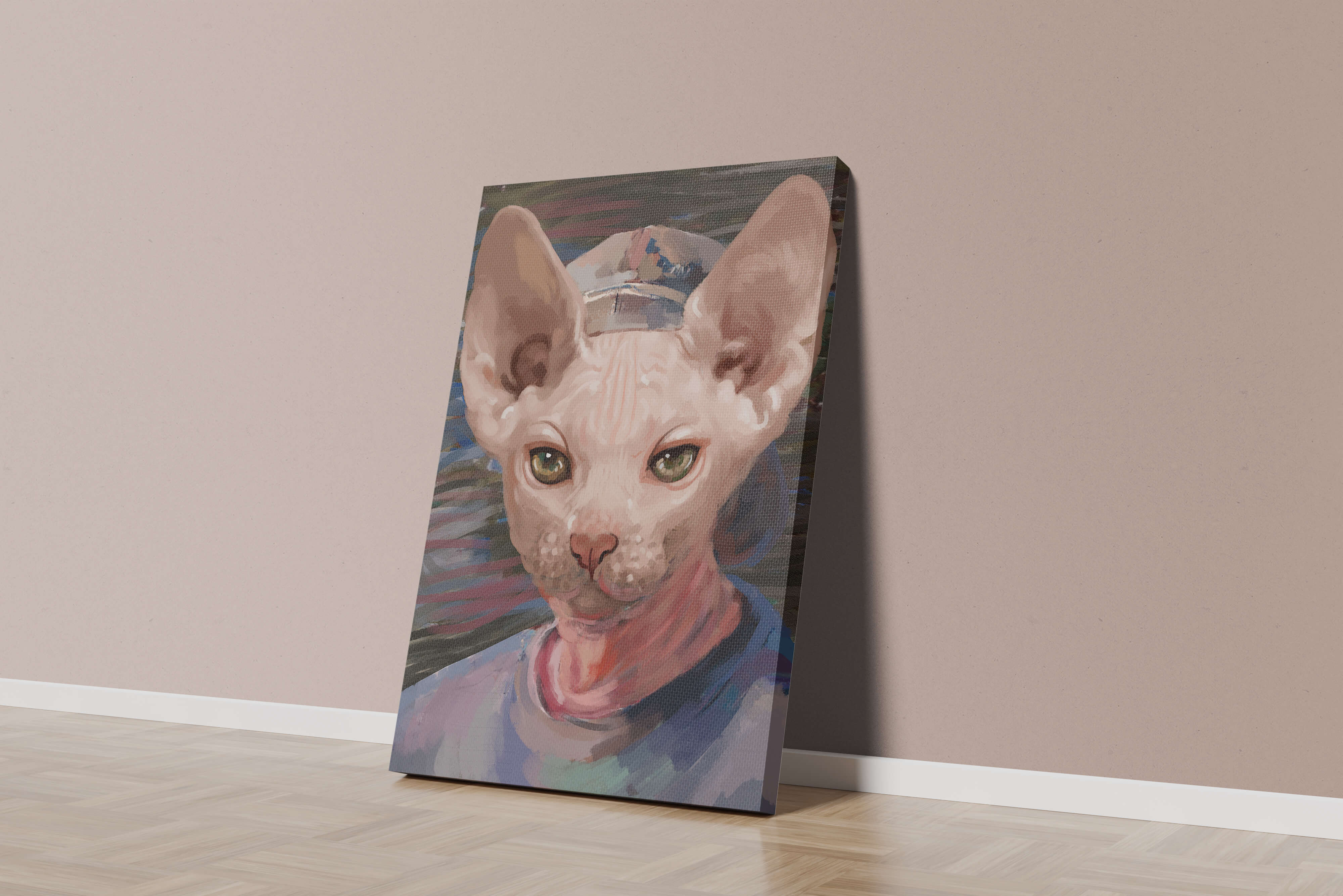 Painted portrait of a sphynx cat wearing a casual cap