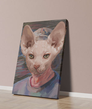 Painted portrait of a sphynx cat wearing a casual cap