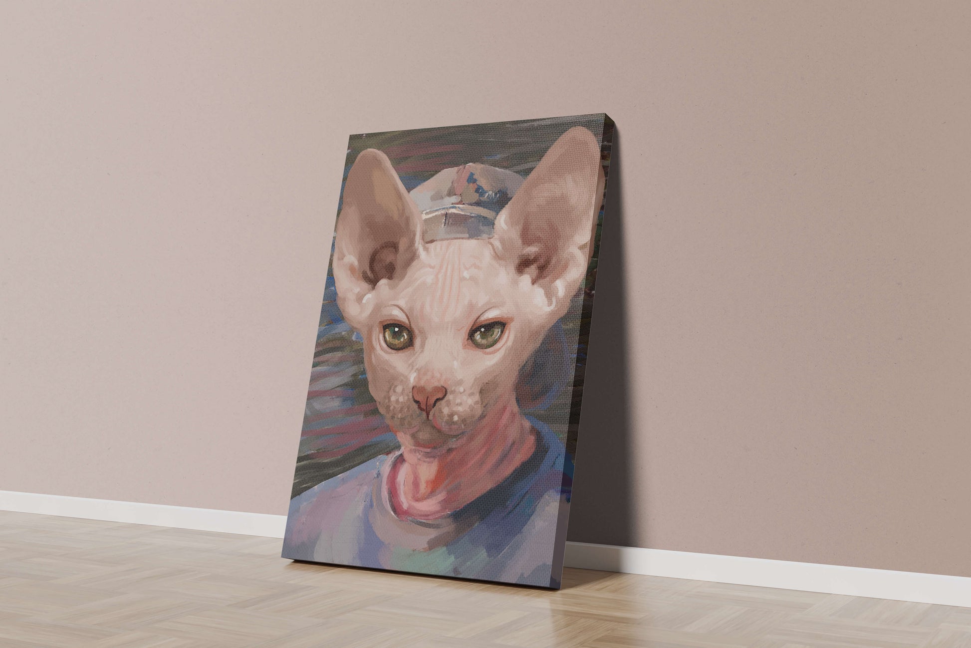Painted portrait of a sphynx cat wearing a casual cap