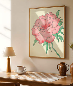 Delicate Pink Peony with Green Leaves Illustration
