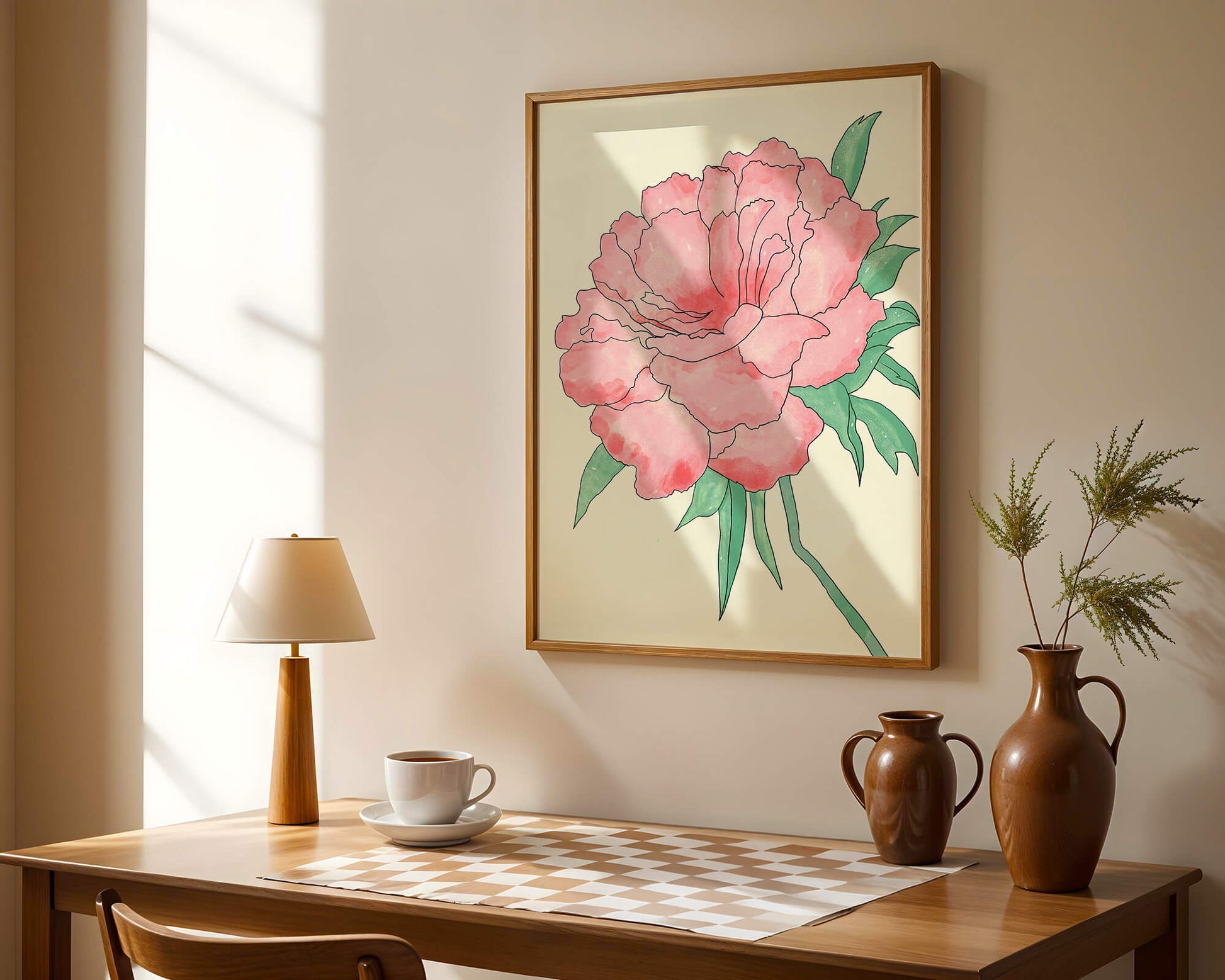 Delicate Pink Peony with Green Leaves Illustration