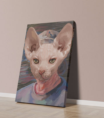 Painted portrait of a sphynx cat wearing a casual cap