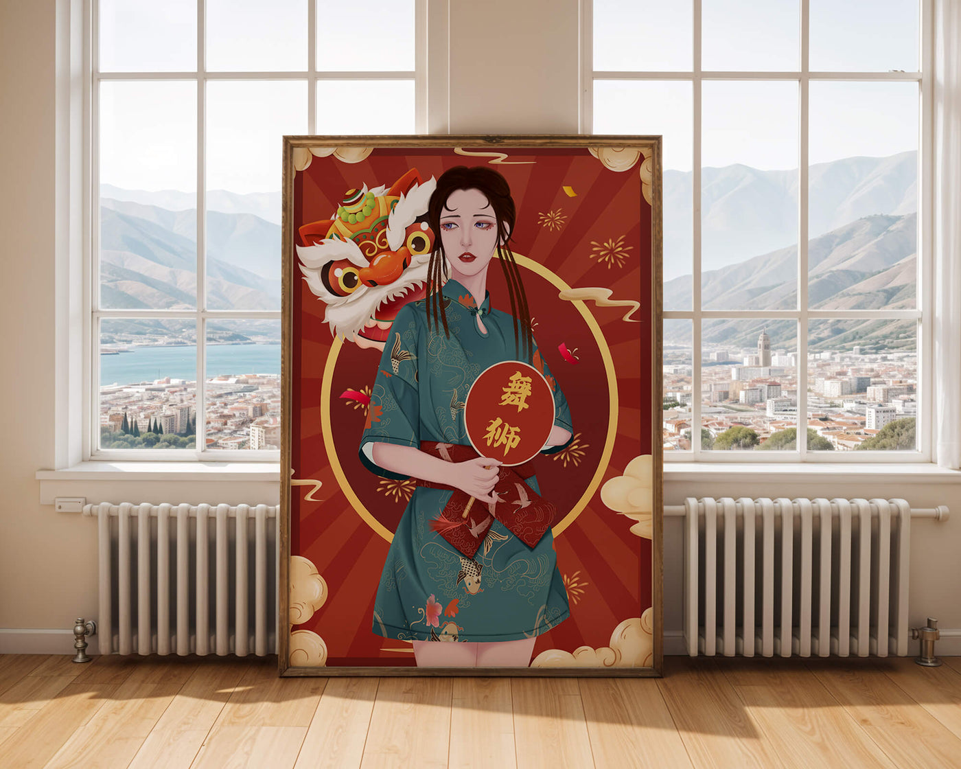 Elegant woman in traditional attire with lion dance mask in vibrant background