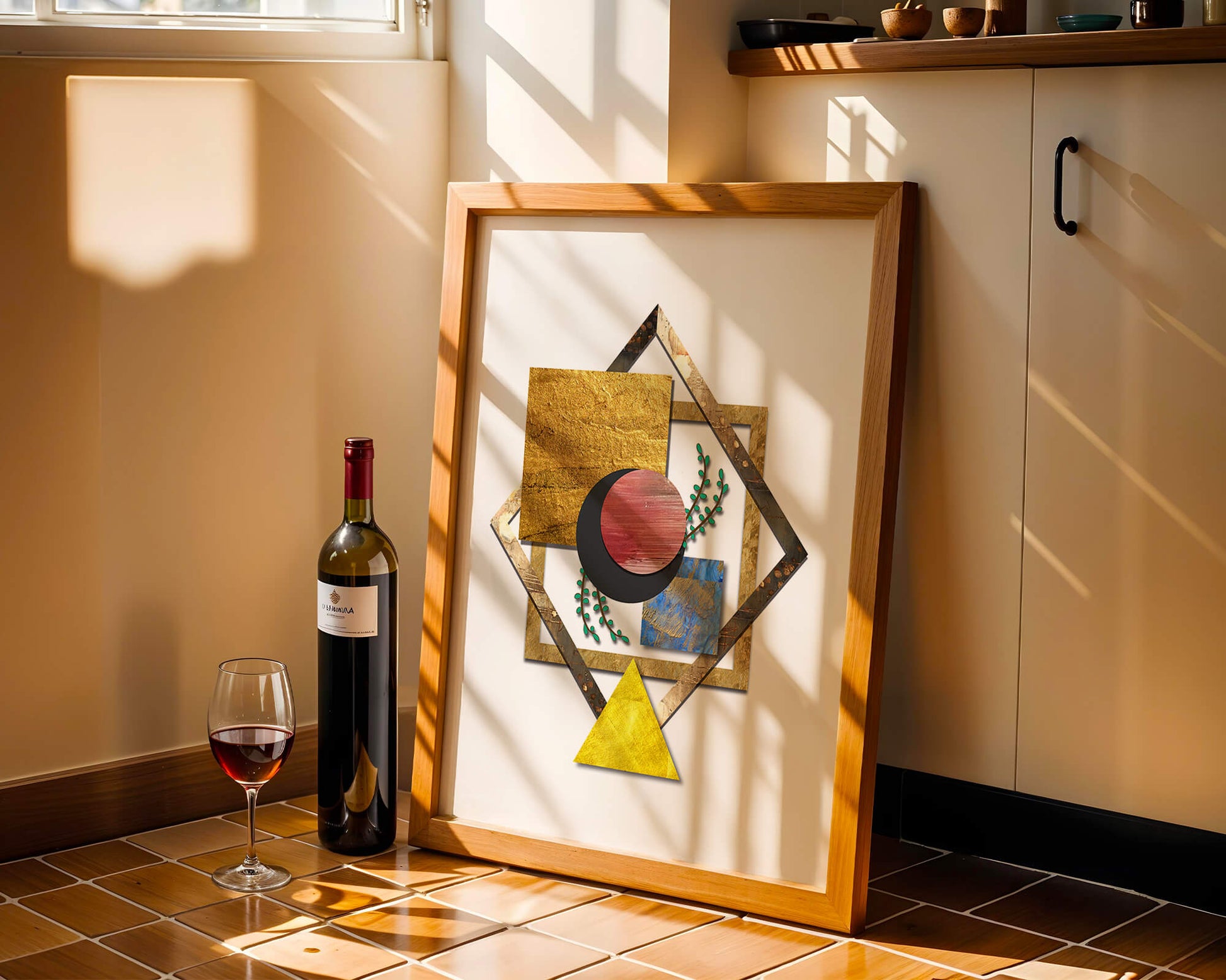 Modern geometric abstract art with vibrant colors and gold accents