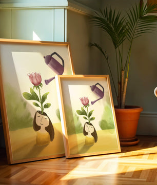 Ilustración de una chica con una flor creciendo de su cabeza siendo regada