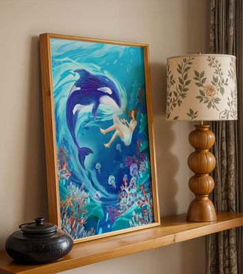 Underwater fantasy scene with a playful whale and a girl floating amidst coral and jellyfish