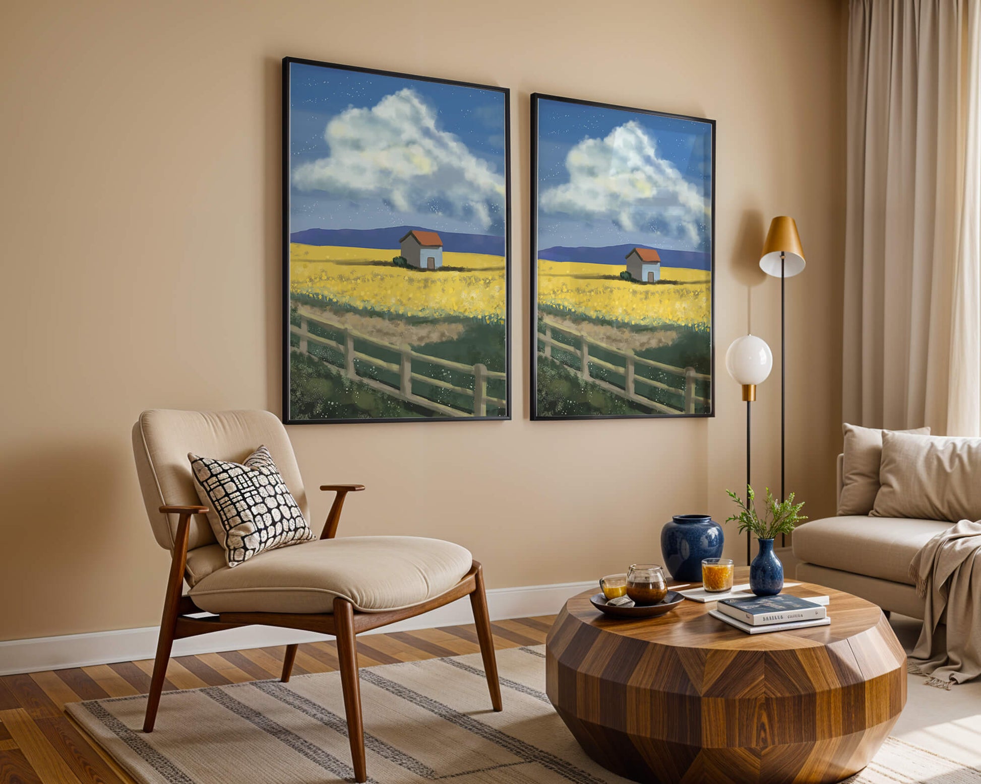 Idyllic rural scene with house and yellow field under blue sky