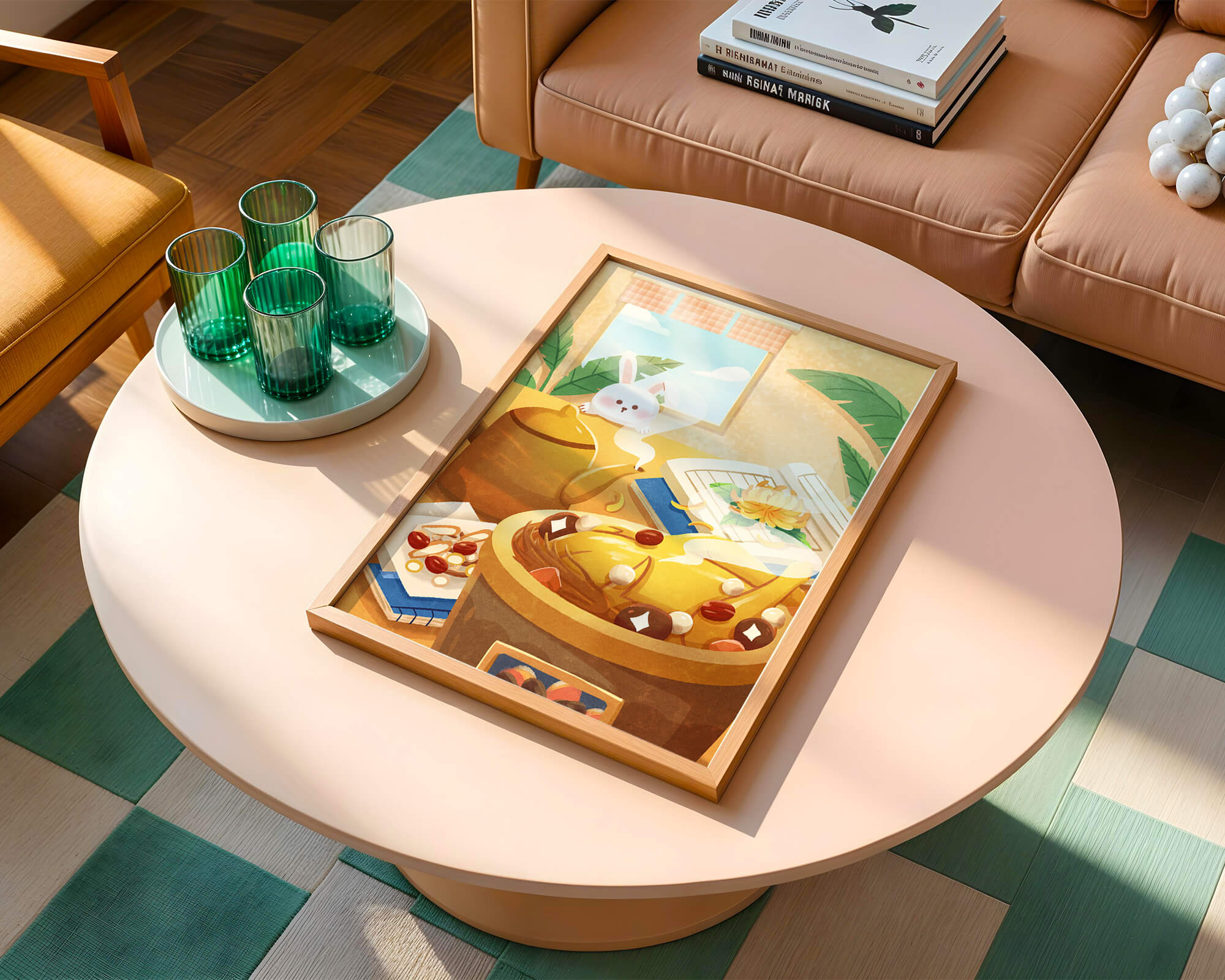 Cozy kitchen scene with cute bunny, teapot, and golden dessert