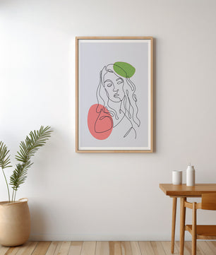 Line Art Portrait auf grauem Hintergrund mit Farbakzenten 