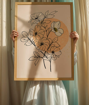 Ilustración floral minimalista con tonos pastel y fondos abstractos