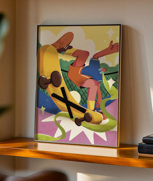 Ilustración abstracta colorida con un skater en movimiento dinámico