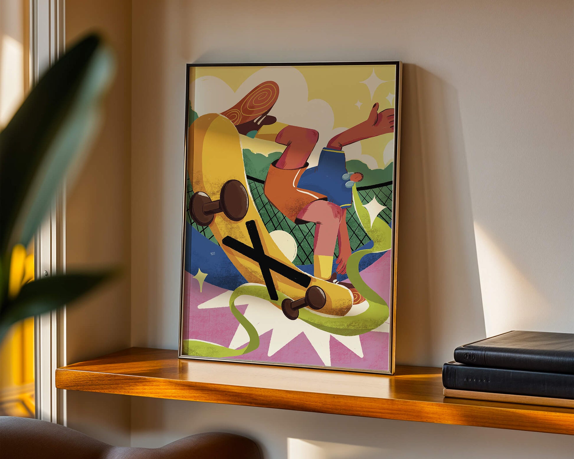 Ilustración abstracta colorida con un skater en movimiento dinámico