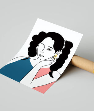 Minimalist Illustration of a Woman with Braided Hair and Gold Earring - Mi tienda