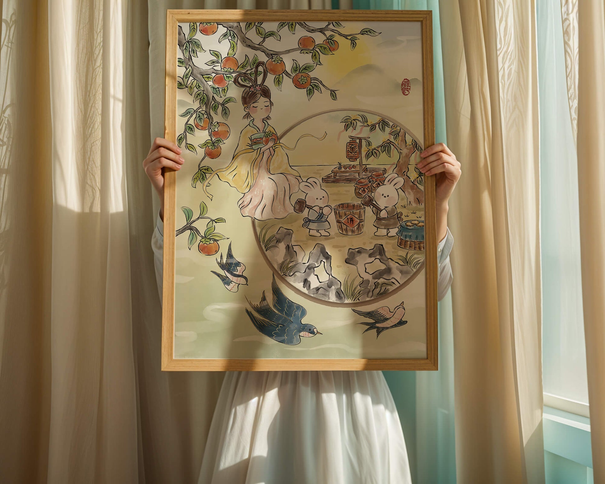 Charmante orientalische Szene mit Kaninchen, Mädchen und Kumquats in der Natur