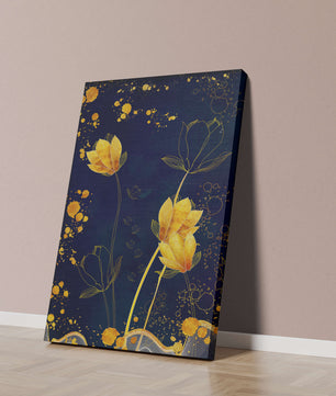 Diseño floral elegante con flores doradas sobre fondo azul marino