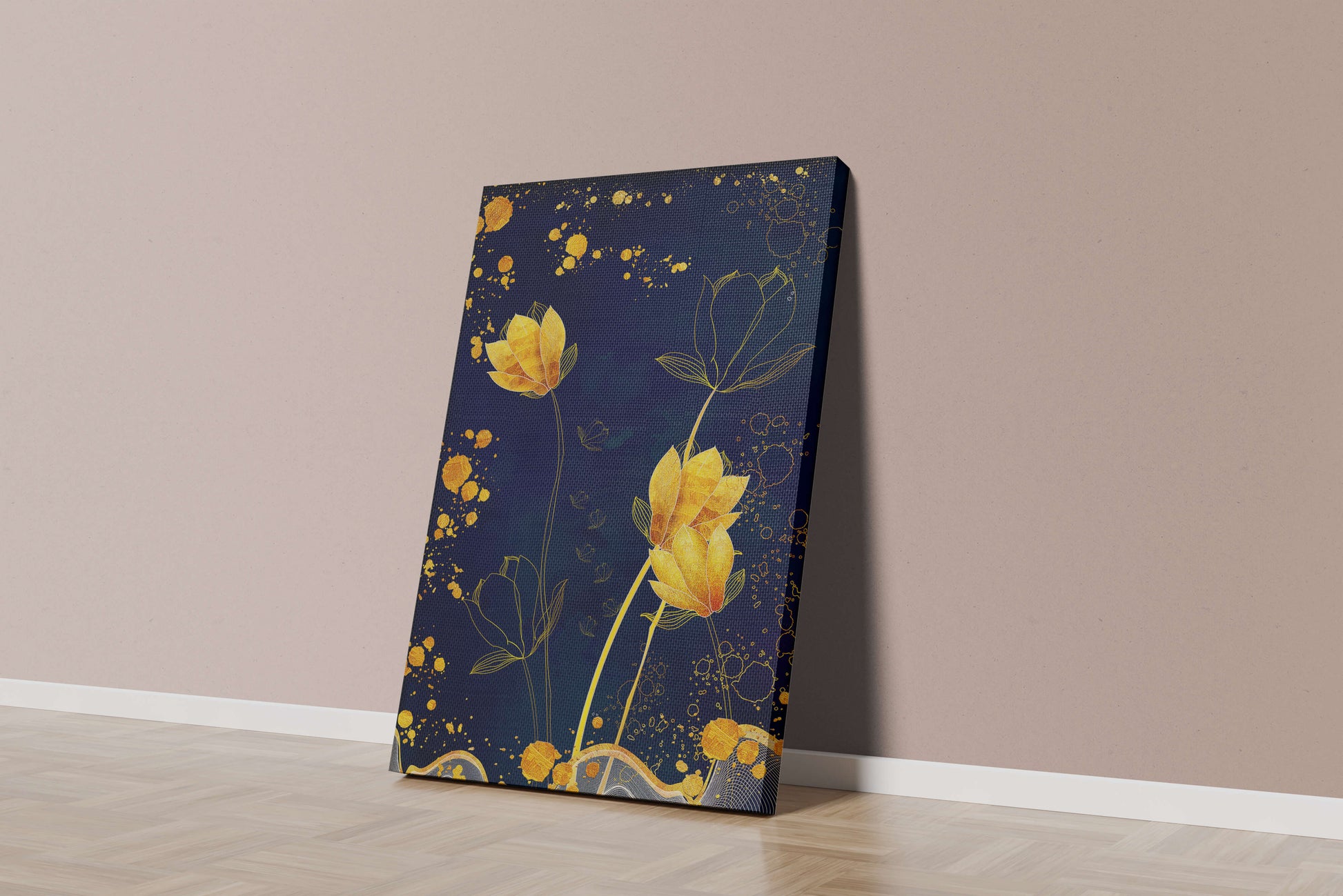 Diseño floral elegante con flores doradas sobre fondo azul marino