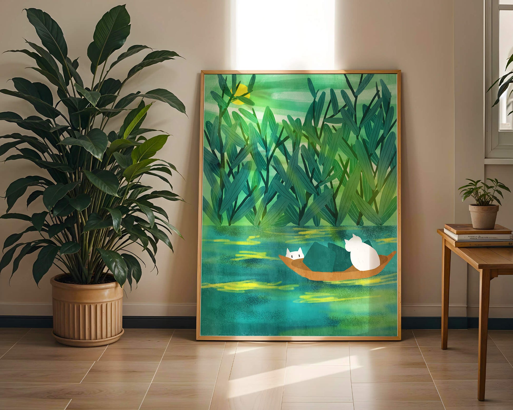 Serene landscape with cats on a boat in lush greenery