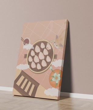 Gato alcanzando dumplings en una mesa con azulejos rosas y naranjas con palillos