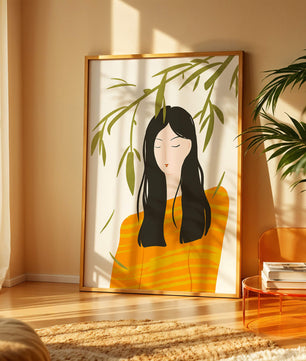 Illustration d'une femme en pull orange avec un fond de feuillage