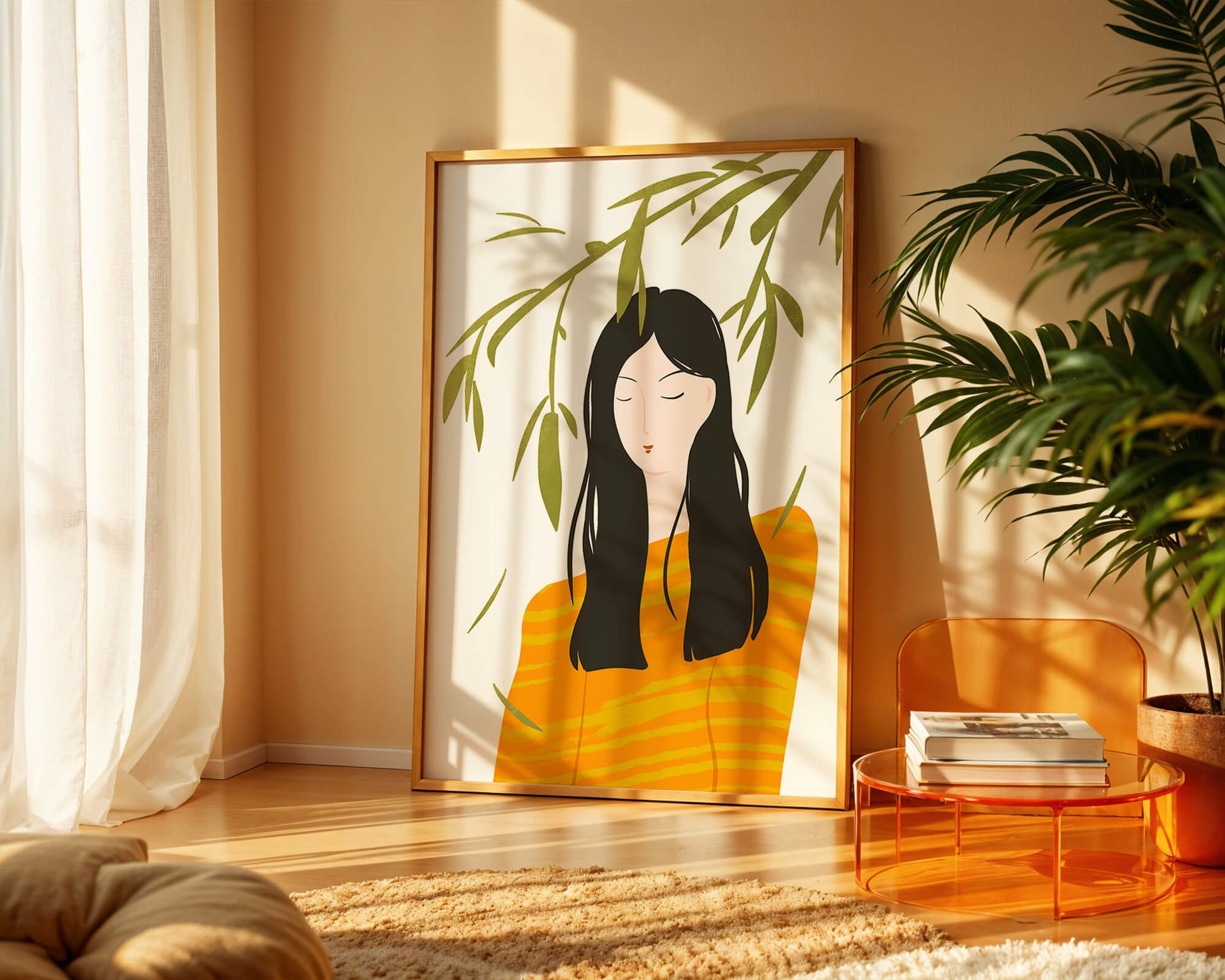 Woman in orange sweater with foliage backdrop illustration