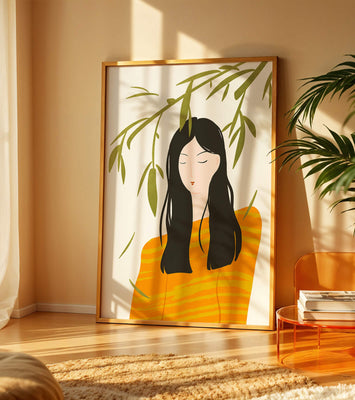 Woman in orange sweater with foliage backdrop illustration