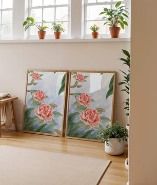 Illustrated pink carnations with green leaves in serene botanical art