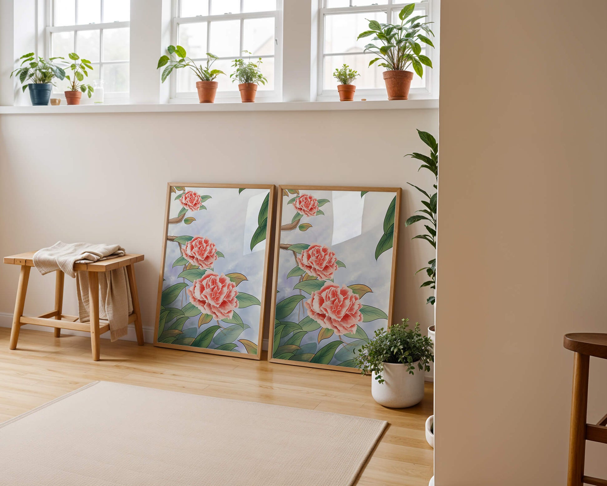 Illustrated pink carnations with green leaves in serene botanical art