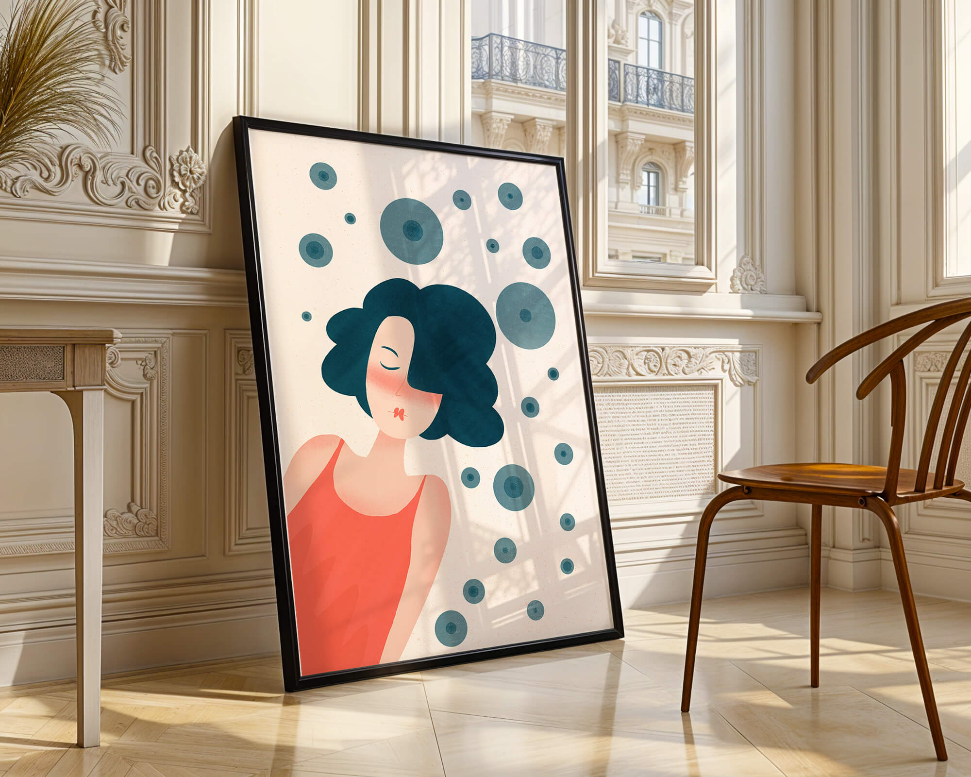 Dreamy Female Portrait with Abstract Circles in Modern Art Style - Mi tienda