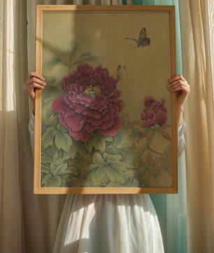 Delicate peonies with butterflies in a serene natural setting