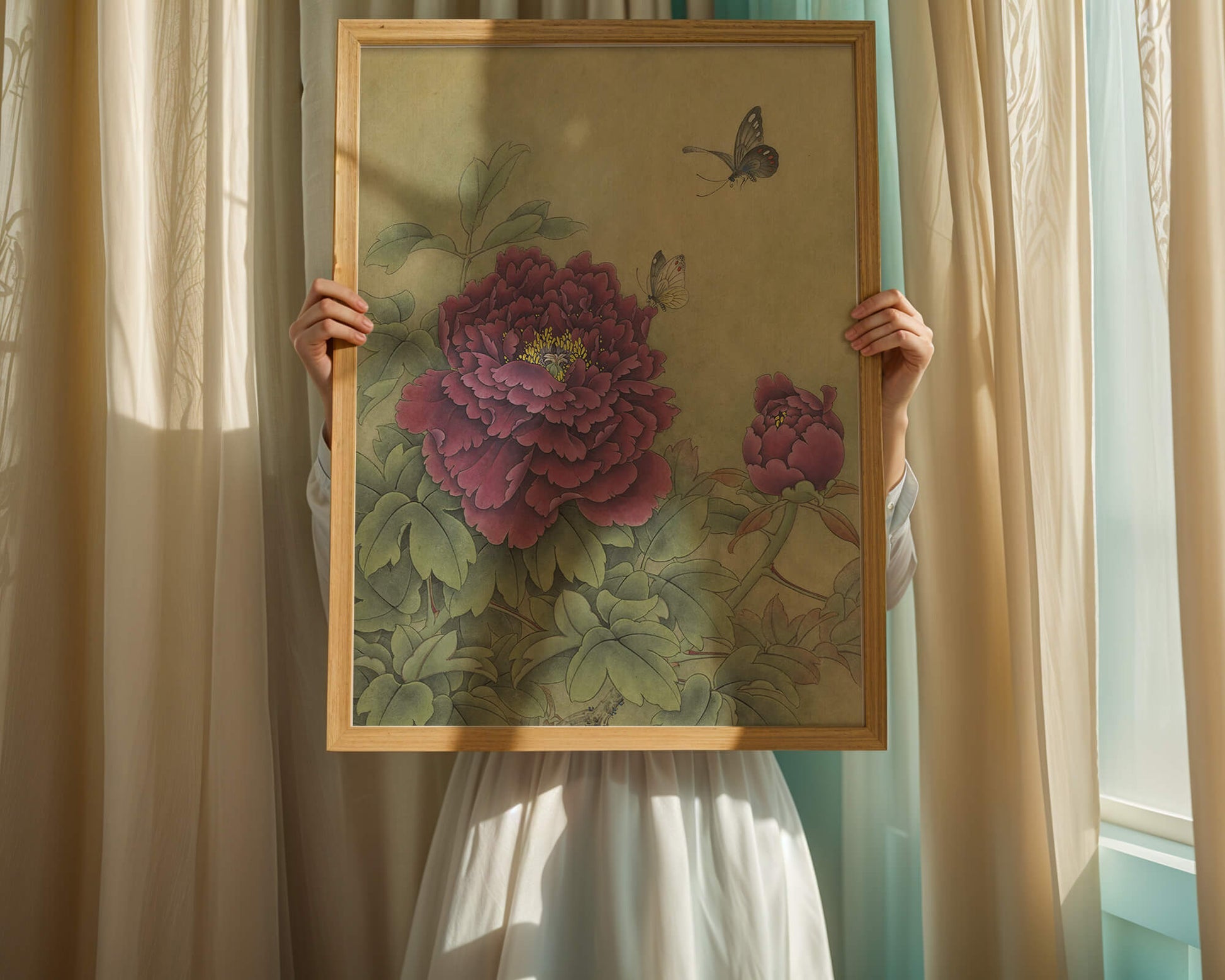 Delicate peonies with butterflies in a serene natural setting