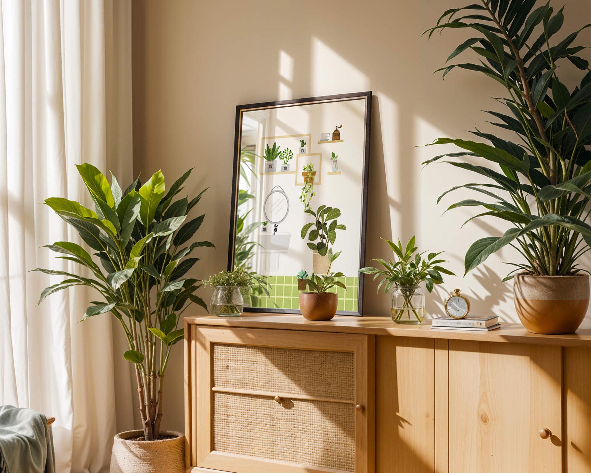 Stylish bathroom interior with plants and modern decor
