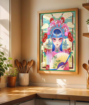 Ilustración elegante inspirada en el arte asiático con tocado elaborado y motivos florales