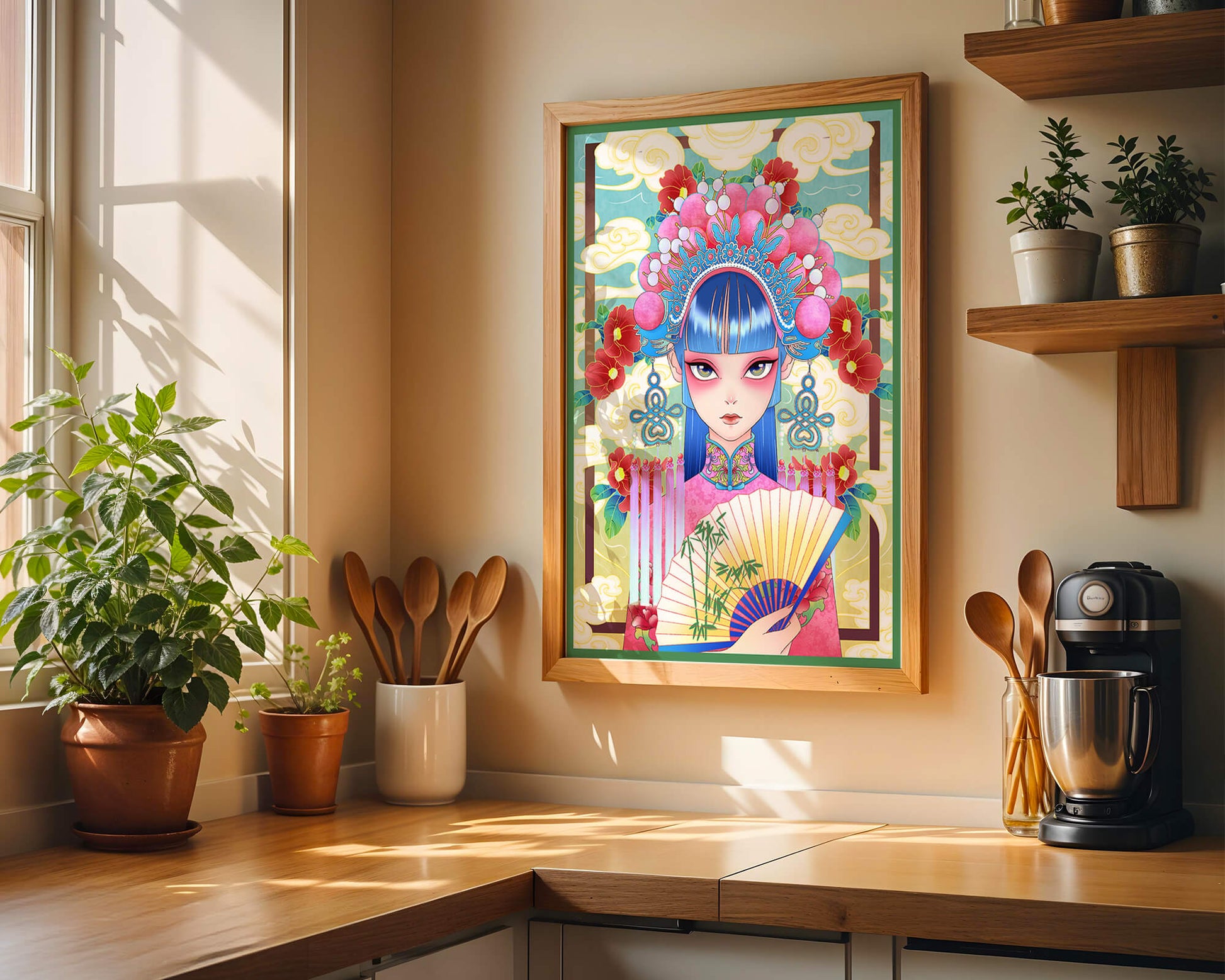 Ilustración elegante inspirada en el arte asiático con tocado elaborado y motivos florales