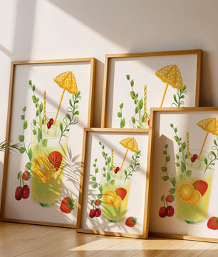 Refreshing summer drink illustration with fruits and greenery