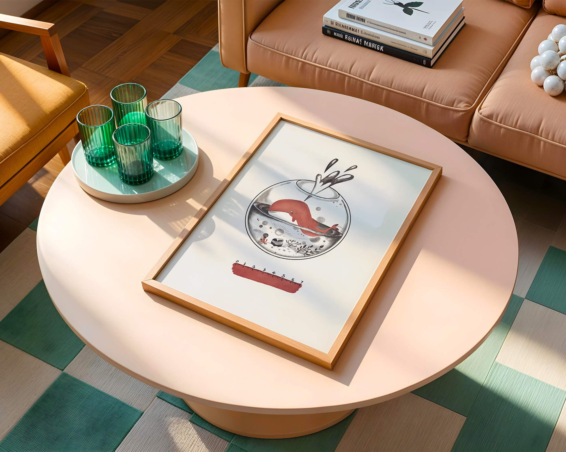 Illustration of a whale inside a fishbowl with a pink ruler