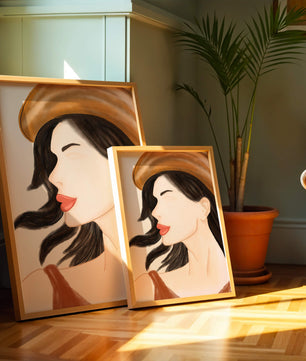 Stylized portrait of a woman in a hat with flowing hair