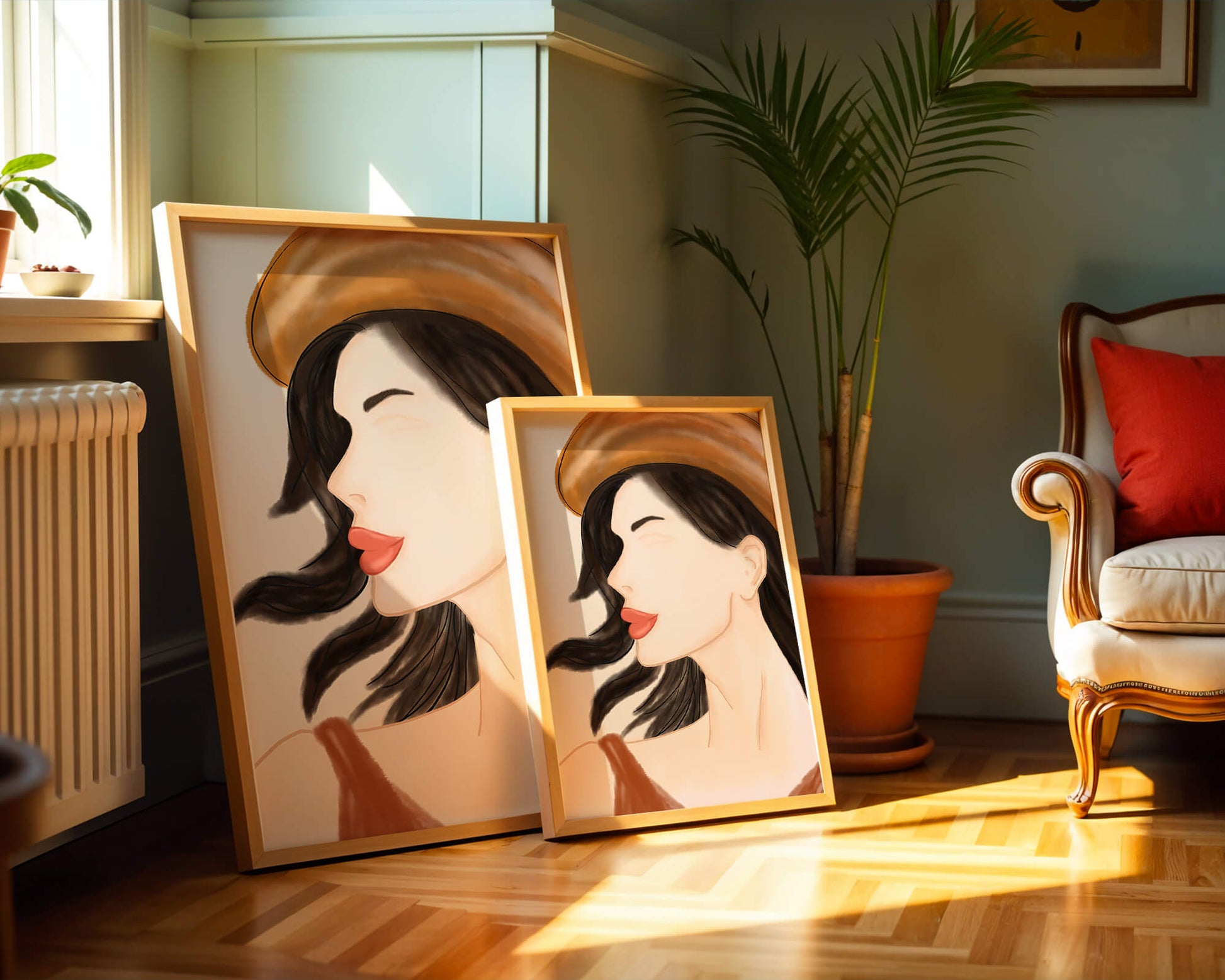 Stylized portrait of a woman in a hat with flowing hair