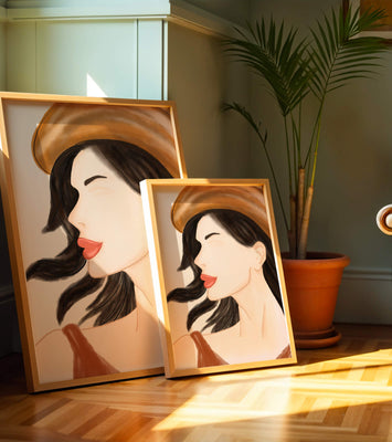 Stylized portrait of a woman in a hat with flowing hair