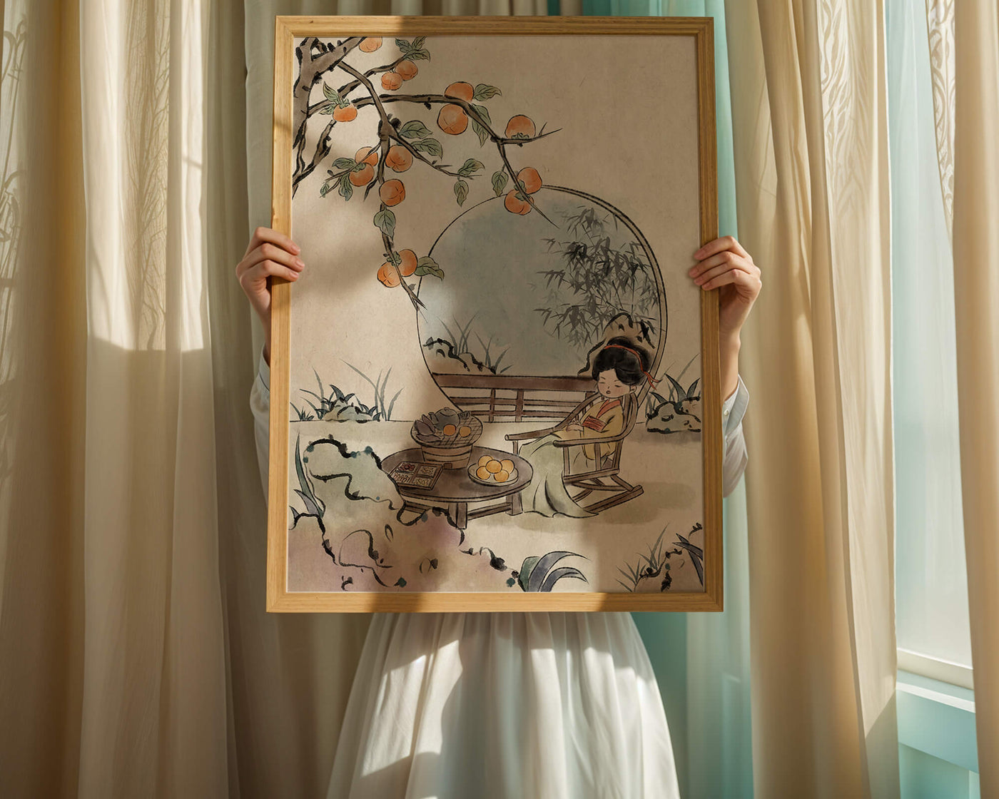 Tranquil garden scene with persimmons and serene figure