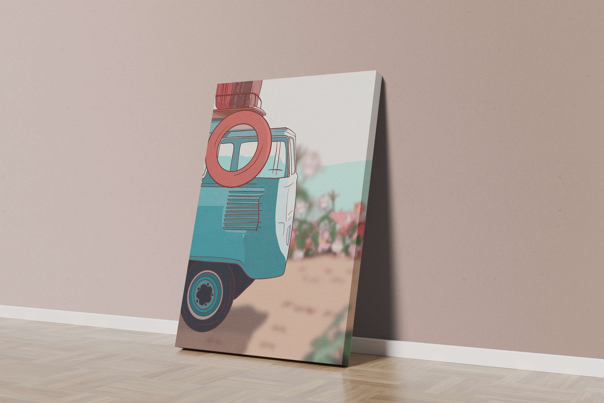 Viaje por carretera de verano en una furgoneta azul vintage