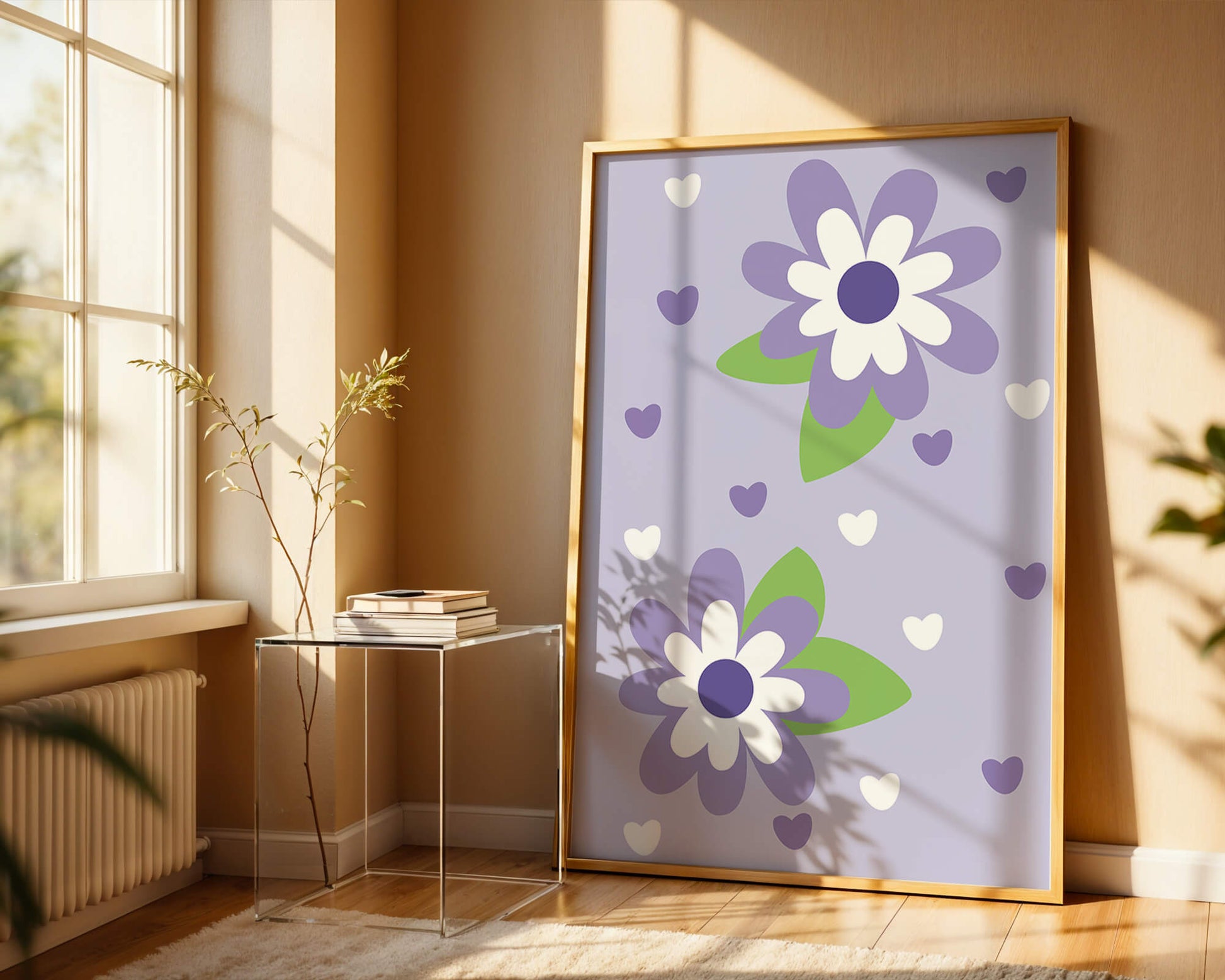 Elegant purple floral pattern with green leaves and heart accents