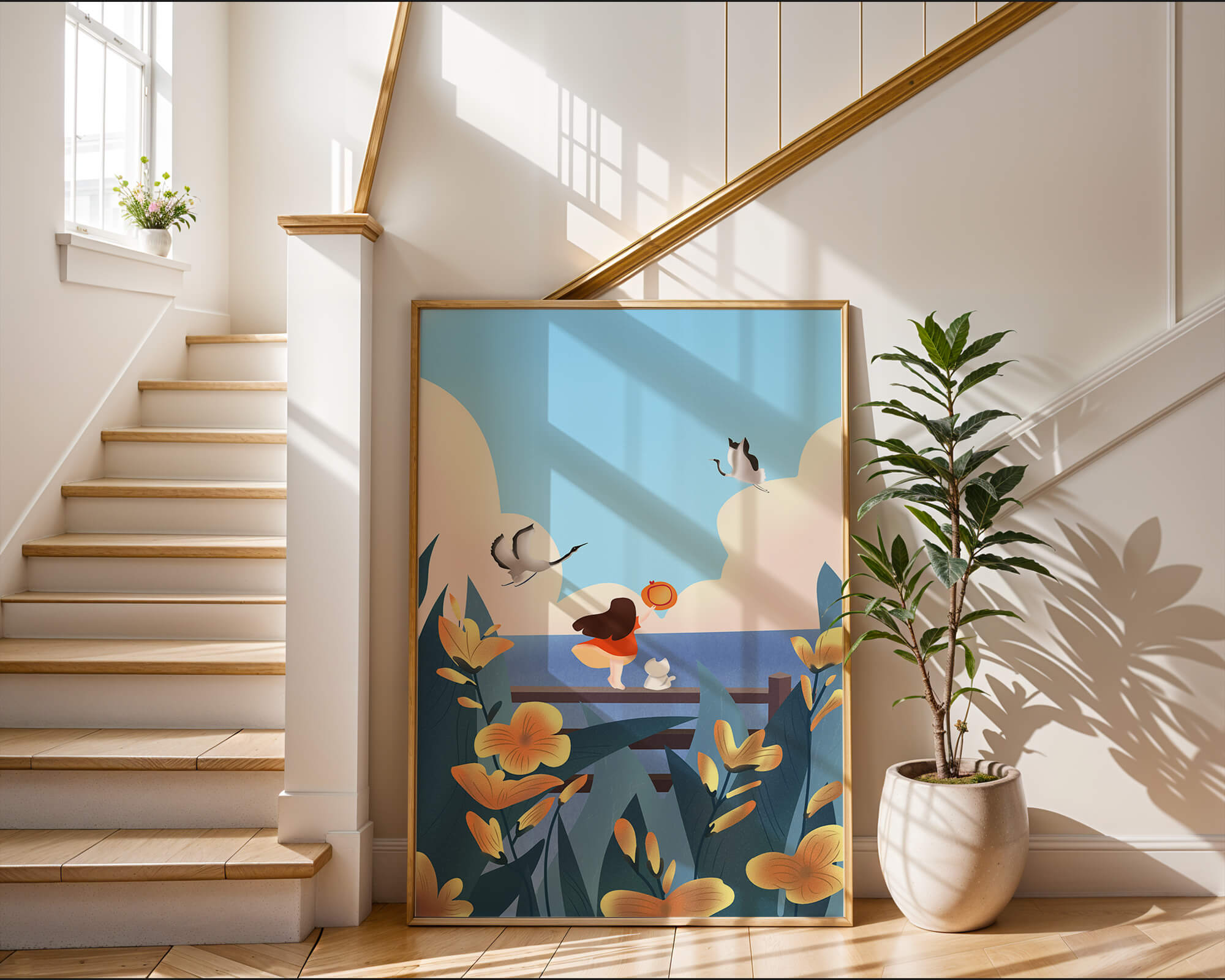 Serene seaside scene with girl, cat, and birds in nature