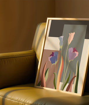Arte floral abstracto con fondo geométrico colorido